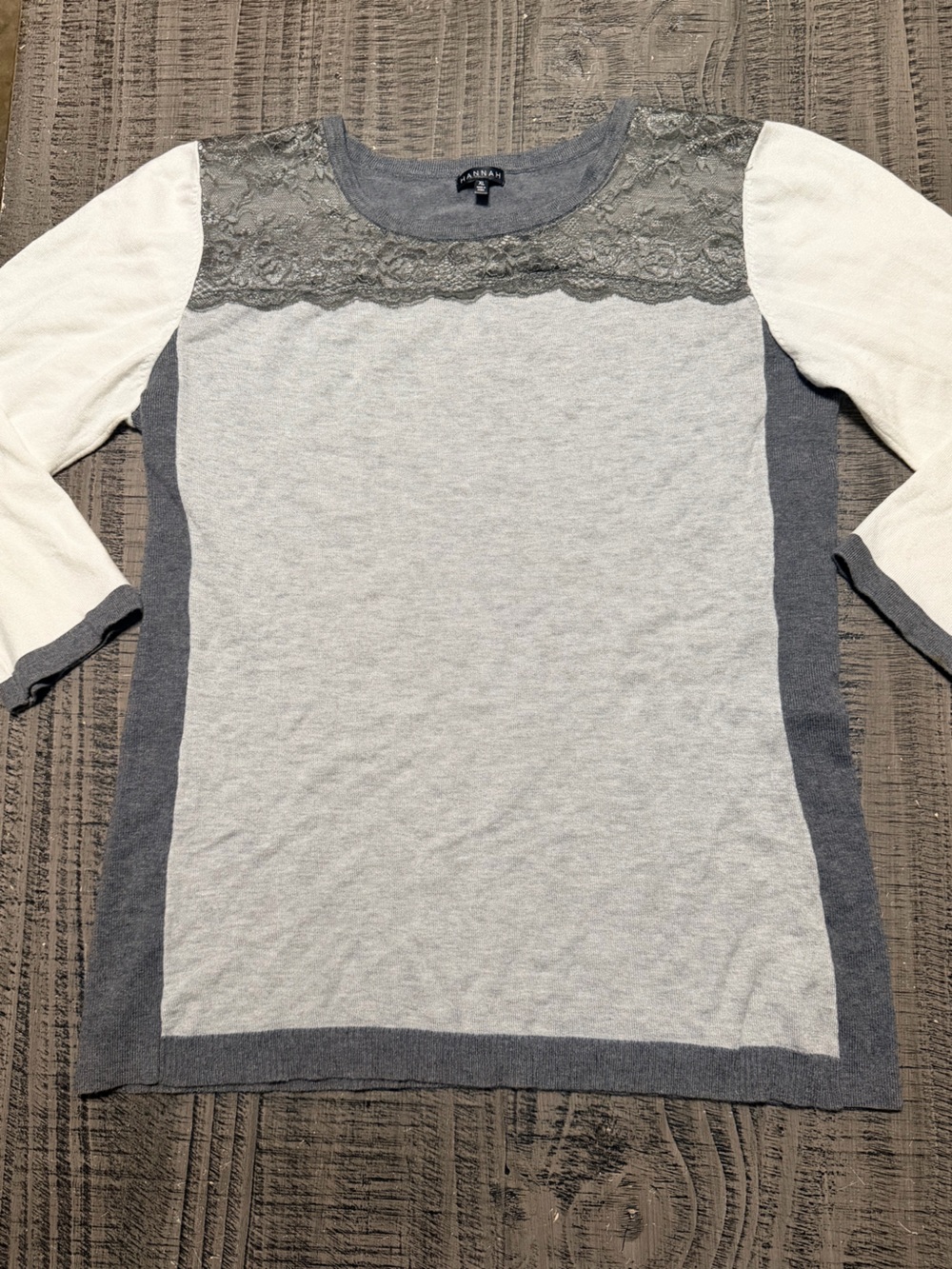 Hannah Gray & Cream Lace-Accent Crew Neck Sweater